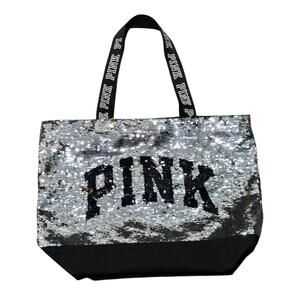 PINK Silver & Black Sequin Large Overnight Tote Carry All Beach Bag